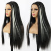 Picture of ANDRIA Lace Front Wigs Straight Hair Glueless Synthetic Long Silk Natural Wig Heat Resistant Fiber Black and White Skunk Stripe Colorful With Baby For Women 24 Inches