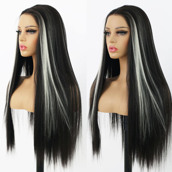 Picture of ANDRIA Lace Front Wigs Straight Hair Glueless Synthetic Long Silk Natural Wig Heat Resistant Fiber Black and White Skunk Stripe Colorful With Baby For Women 24 Inches