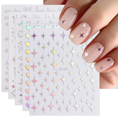 Picture of JMEOWIO 12 Sheets Aurora Nail Art Stickers Decals Self-Adhesive Pegatinas Uñas Glitter Holographic Star Heart Nail Supplies Nail Art Design Decoration Accessories