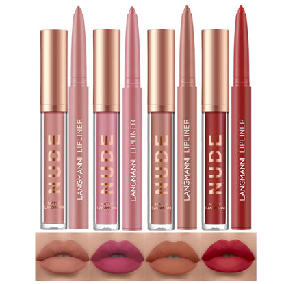 Picture of LANGMANNI 4pcs Matte Lipstick with Lipliners Durable Makeup Set,Long-Lasting Non-Stick Cup Not Fade Waterproof Pigmented Velvet Lipgloss Kit Beauty Cosmetics Makeup Gift for Girls(#9+10+11+12)