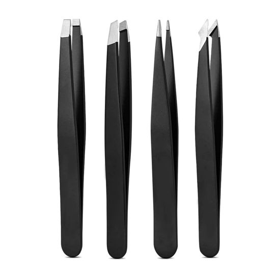 Picture of Tweezers Set, High Precision Stainless Steel Eyebrow Tweezers for Facial Hair, Inward Growing Hair and Splinter Remover Kit, Suitable for Women and Men, 4-Piece Set. (Black)