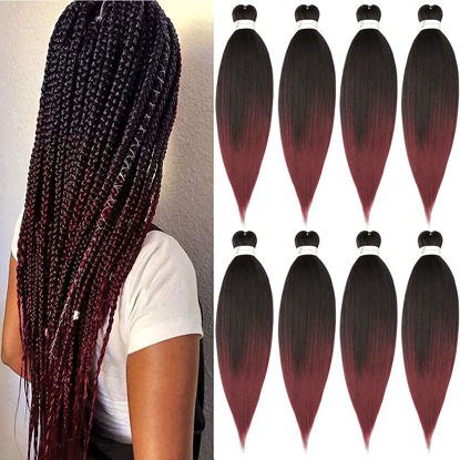 Picture of Pre-Stretched Braiding Hair Extension Ombre Black to Burgundy Professional Crochet Braiding Hair 26 Inch 8 Packs Hot Water Setting Perm Yaki Synthetic Hair For Twist Braids (26inch,#1B/Bug)