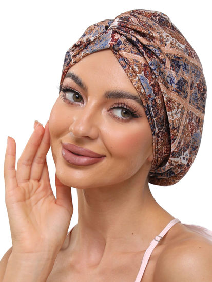 Picture of Adjustable Silk Satin Bonnet for Sleeping: Night Cap for Women Men Large Long Curly Hair Braid Wrap with tie Elastic Drawstring Band Stay on Head Unisex - Bohemia Yellow