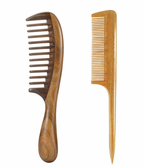 Picture of Louise Maelys 2pcs Wooden Wide Tooth Hair Comb Sandalwood Tail Combs for Curly Thick Hair Styling