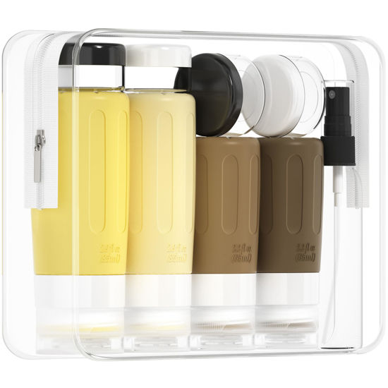 Picture of Morfone 16 Pack Silicone Travel Bottles Set for Toiletries TSA Approved Travel Containers Leakproof Squeezable Refillable Accessories 2oz 3oz for Shampoo Conditioner Lotion Liquids (Brown Yellow)