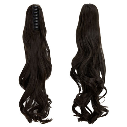 Picture of OMGREAT Claw on Ponytail Clip in Hair Extensions Straight Curly Wavy Hair Piece Long Pony Tail 18" & 150g Curly - Dark Brown