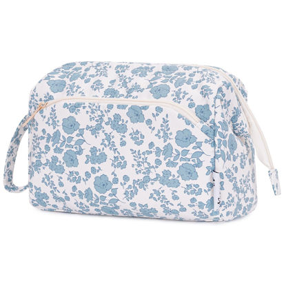 Picture of Narwey Cute Floral Makeup Bag Wide-open Make up Bag Travel Cosmetic Organizer Toiletry Bag for Cosmetics Toiletries Accessories (Little Blue Flower)