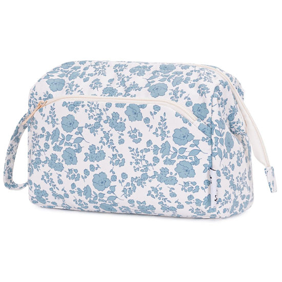 Picture of Narwey Cute Floral Makeup Bag Wide-open Make up Bag Travel Cosmetic Organizer Toiletry Bag for Cosmetics Toiletries Accessories (Little Blue Flower)