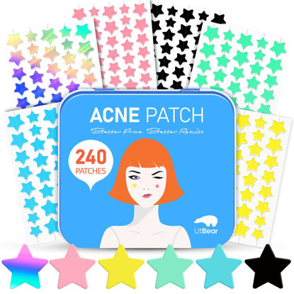 Picture of LitBear Acne Patch Pimple Patch, 6 Colors 240 Dots Star Pimple Patches with Tea Tree Oil & Centella Oil, Hydrocolloid Acne Pimple Patches for Face Cute Zit Patches Pimple Stickers Acne Dots