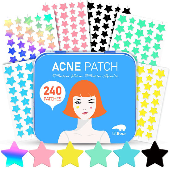 Picture of LitBear Acne Patch Pimple Patch, 6 Colors 240 Dots Star Pimple Patches with Tea Tree Oil & Centella Oil, Hydrocolloid Acne Pimple Patches for Face Cute Zit Patches Pimple Stickers Acne Dots