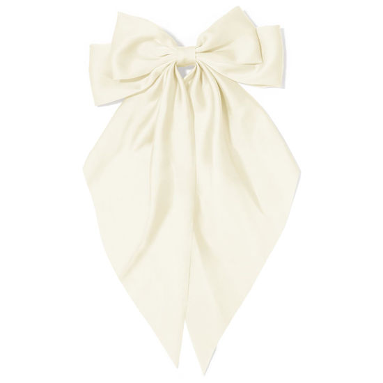 Picture of Big Beige Silky Satin Hair Bows with Long Tail Ribbon Barrettes for Women and Girls - Cute Coquette Hair Clips