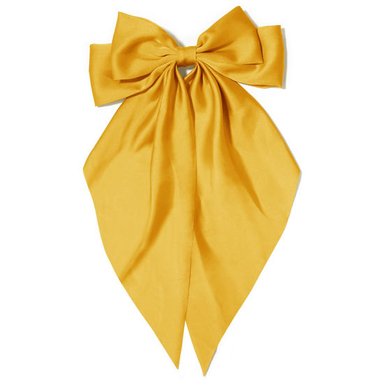 Picture of Kivzex Hair Clip - Big Hair Bow in Yellow Satin with Long Tail - Cute Hair Ribbon for Women and Girls - French Hair Barrettes for Any Occasion