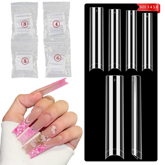 Picture of No C Curve Square Refill Nail Tips, 3XL Long Clear Straight Tapered Square Gel Nail Tips, 200Pcs（Fixed Size No. 3.4.5.6 With Bag）Half Cover Acrylic Nail Tips Coffin Nails Tips for Nail Art Salon