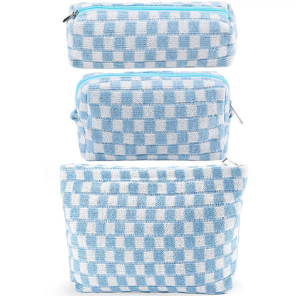 Picture of ZLFSRQ 3Pcs Checkered Makeup Bag for Women Large Cosmetic Bag Set Travel Toiletry Bag Makeup Pouch Bag for Purse Blue Zipper Storage Bag Organizer Cute Small Aesthetic Girls Car Essentials Bag