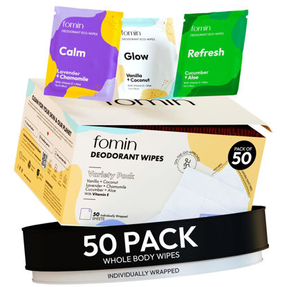 Picture of FOMIN Travel Deodorant Wipes - 50 Count - Variety Pack - pH Balanced, Hypoallergenic Mini Deodorant Wipes For Women and Men - Plastic-Free, Individually Wrapped Underarm & Body Wipes