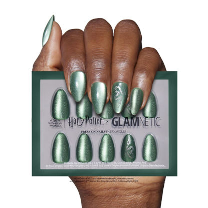 Picture of Harry Potter™ x Glamnetic Press On Nails - Slytherin™ | Velvet Green Snake Serpent Graphic Short Almond False Nails, Reusable Stick On Fake Nails with Glue | Salon Quality | 15 Sizes - 30 Nail Kit