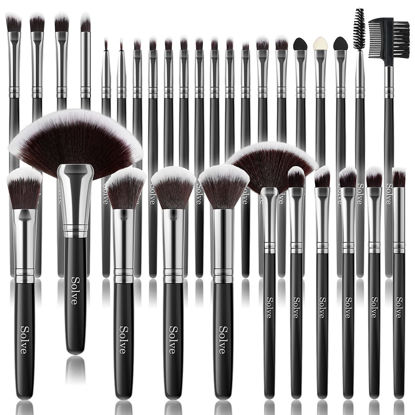 Picture of Makeup Brush Set, SOLVE 32 Pieces Professional Makeup Brushes Wooden Handle Cosmetics Brushes Foundation Concealer Powder Face Eye Make up Brushes Kit, Black