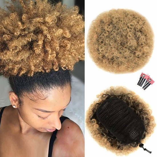 Picture of rosmile Afro Puff Drawstring Ponytail Extension for Black Women, Premium Ombre Brown T1B/27# 80gram Short Synthetic Afro Puff Ponytail for Natural Hair, Clip On Kinky Drawstring Curly Ponytail Bun