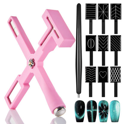 Picture of 11Pcs Cat Eye Gel Nail Polish Tools Set- Cat Eye Magnet for Nails and Magnetic Nail Polish, 5 in 1 Multifunction Nail Magnet 9Pcs Stripe Magnet Plates Magnet Pen for 3D Nail Art Nail Salon or DIY