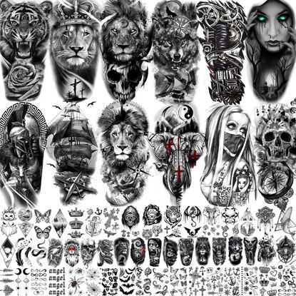 Picture of Bilizar 63 Sheets Tribal Wolf Lion Tiger Temporary Tattoos For Men Women Adults, Scary Halloween Skull Gangster Fake Tattoo Stickers Kids, Small 3D Realistic Tattoos Thigh Arm Neck Elephant Warrior