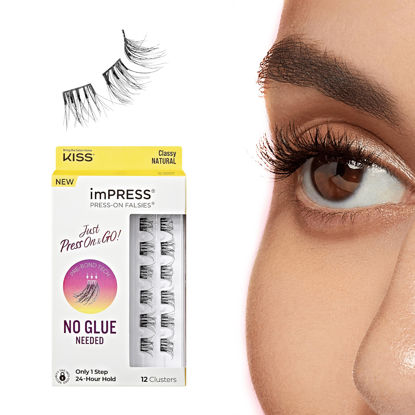 Picture of KISS imPRESS Falsies Press On Self Adhesive Eyelashes, 10mm-12mm Natural Volume Press On Lashes, Black, No Glue Needed, Invisible Band, 12 Lash Clusters - Classy