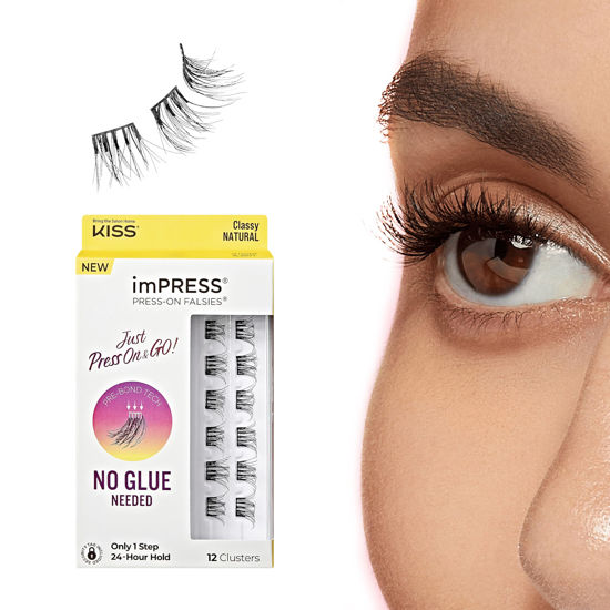 Picture of KISS imPRESS Falsies Press On Self Adhesive Eyelashes, 10mm-12mm Natural Volume Press On Lashes, Black, No Glue Needed, Invisible Band, 12 Lash Clusters - Classy