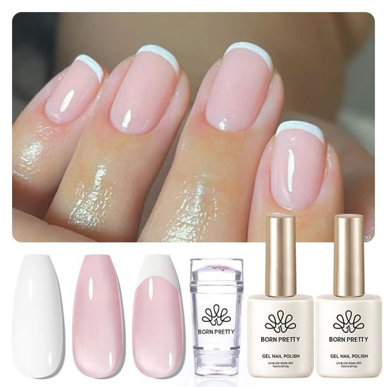 Picture of Born Pretty French Manicure Kit,Nail Stamper and 2Pcs Gel Nail Polish,Include Jelly Milky Pink White Colors for French Tip