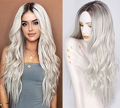 Picture of FORCUTEU Long Wavy Synthetic Wigs Ombre Platinum Wig Middle Part Natural Hair Wigs for Women Cosplay Wigs Heat Resistant Fiber (Platinum Blonde)