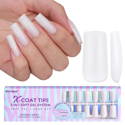Picture of BTArtboxnails Square Gel Nail Tips Long - Pre Colored Milky White Soft Gel Nail Tips, Milky White Press on Nails, Natural XCOATTIPS Pre Applied Tip Primer