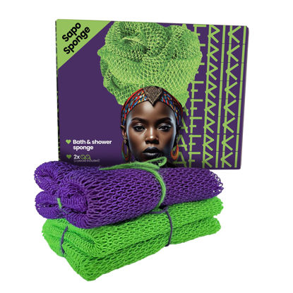Picture of AFRIKI African Net Sponge Exfoliating Washcloth, 2 Pieces African Exfoliating Sponge, Real, Authentic, Black Owned Bath Sponge, Back Scrubber, Dead Skin Remover