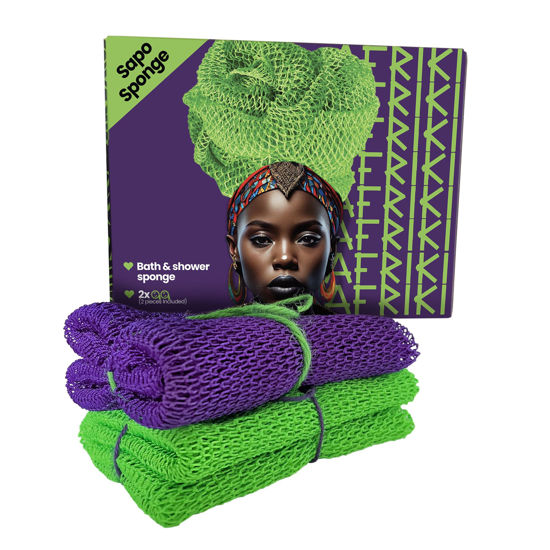 Picture of AFRIKI African Net Sponge Exfoliating Washcloth, 2 Pieces African Exfoliating Sponge, Real, Authentic, Black Owned Bath Sponge, Back Scrubber, Dead Skin Remover