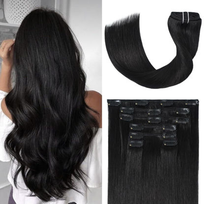 Picture of UGOTRAYS Black Hair Extensions Clip in Real Human Hair 70g 20 Inches 100% Remy Human Hair Natural Black Straight Double Weft for Full Head 7pcs 16clips One Pack
