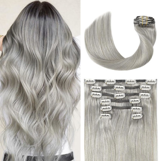 Picture of Silver Clip in Hair Extensions Real Human Hair 70G Gray Remy Human Hair Clip in Extensions 18 Inch Soft Silky Straight for Full Head 7pcs 16clips One Pack (18 Inch #Silky/Gray)