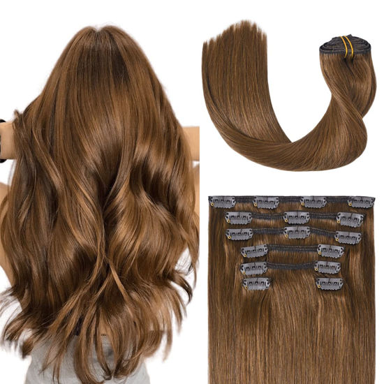 Picture of UGOTRAYS Light Brown Hair Extensions Clip in Human Hair 22 Inch 70g 7pcs Remy Hair Silky Straight 16clips One Pack #6 Chestnut Brown Hair Extensions