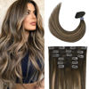 Picture of UGOTRAYS Mushroom Brown Hair Extensions Real Human Hair Ombre Medium Brown Fading to Caramel Blonde Balayage 15inches 70g Highlights 100% Human Hair Natural Straight Woman Beauty Clip ins
