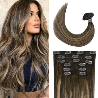 Picture of UGOTRAYS Mushroom Brown Hair Extensions Real Human Hair Ombre Medium Brown Fading to Caramel Blonde Balayage 18inches 70g Highlights 100% Human Hair Natural Straight Woman Beauty Clip ins