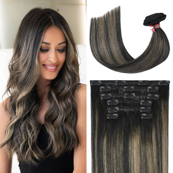 Picture of UGOTRAYS Hair Extensions Real Human Hair Balayage Black to Light Brown Highlight Black Hair Extensions 70g 7pcs #1/6/1 9A Brazilian Hair Full Head Woman Clip ins 20inch Black Hair Extensions
