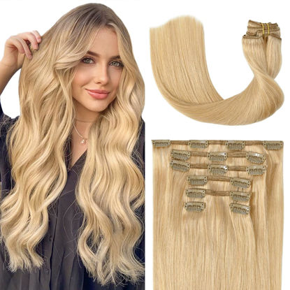 Picture of UGOTRAYS Light Honey Blonde Clip in Human Hair Extensions 7pcs 12inch 70g Straight 9A #27 Real Human Hair Clip Ins 16clips for Women Fashion