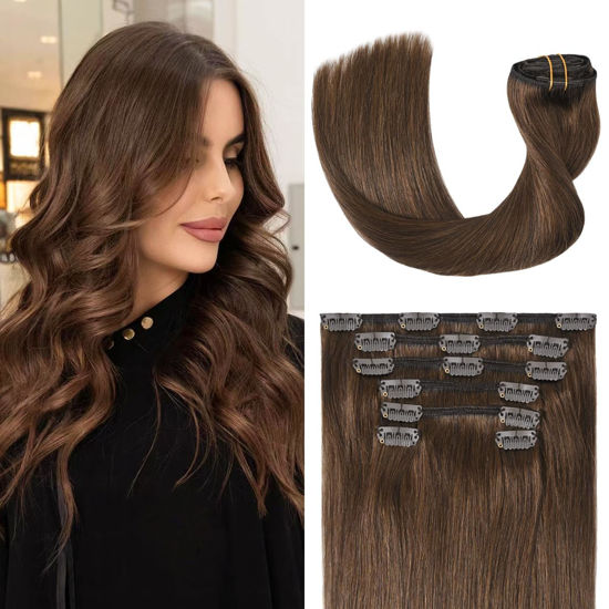 Picture of UGOTRAYS Medium Brown Hair Extensions Real Human Hair Clip in Hair Extensions 120g 7pcs 16inch,Soft & Natural Straight Double Weft Remy Hair for Women 14in #4 Chocolate Brown Hair Extensions