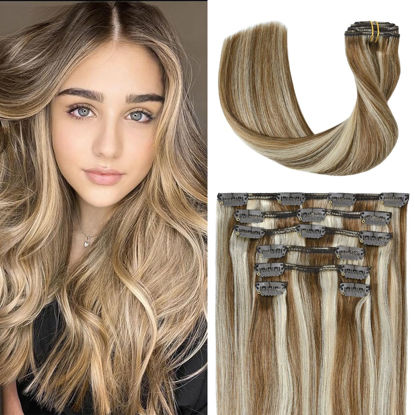 Picture of UGOTRAYS Clip In Extensions Real Human Hair Balayage Light Brown to Bleach Blonde Highlights Remy Human Hair Extensions 18 Inch 70g Double Weft 7pcs #6p613 Human Hair Clip in Extensions