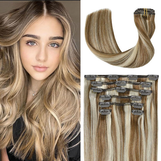 Picture of UGOTRAYS Clip In Extensions Real Human Hair Balayage Light Brown to Bleach Blonde Highlights Remy Human Hair Extensions 18 Inch 70g Double Weft 7pcs #6p613 Human Hair Clip in Extensions
