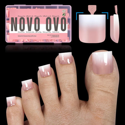 Picture of NOVO OVO Ombre French Tip Press on Toe Nail Tips, Sharp Square Pre-Designed Soft Gel False Toenail Extension, BABY PINK Pre-applied Tip Primer & Base Coat, Full Cover Acrylic DIY x 15 Sizes 240 pcs