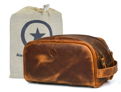 Picture of 10" Premium Leather Toiletry Travel Pouch With Waterproof Lining | King-Size Handcrafted Vintage Dopp - Kit ~ Gift for Father's Day By Aaron Leather Goods (Copper)