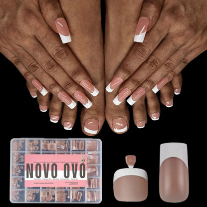 Picture of NOVO OVO French Tip Matching Press on Nail tips set, BROWN PINK Square Finger and Square Round Toe Nail Tips kit, Soft Gel Nail Extension, Pre-applied Tip Primer & Matte Base Coat x 15 Sizes 360 pcs