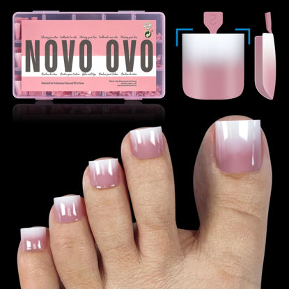 Picture of NOVO OVO Ombre French Tip Press on Toe Nail Tips, Sharp Square Pre-Designed Soft Gel False Toenail Extension, BERRY PINK Pre-applied Tip Primer & Base Coat, Full Cover Acrylic DIY x 15 Sizes 240 pcs