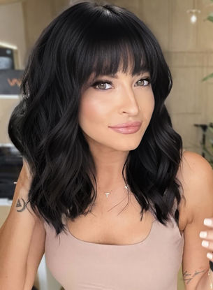 Picture of AISI HAIR Bob Curly Wig Synthetic Short Black Wig with Bangs Natural Looking Heat Resistant Fiber Hair for Women