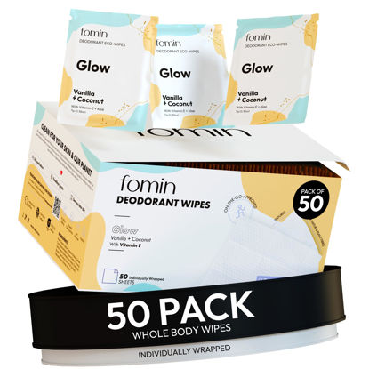 Picture of FOMIN Travel Deodorant Wipes - 50 Count - Glowing Coconut and Vanilla - pH Balanced, Hypoallergenic Mini Deodorant Wipes For Women and Men - Plastic-Free, Individually Wrapped Underarm & Body Wipes