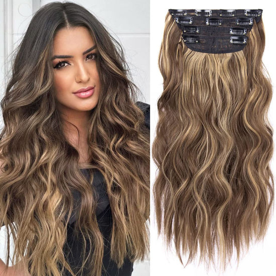 Picture of 4PCS Clip in Hair Extensions Honey Blonde Mixed Light Brown 20 Inch Long Wavy Synthetic Hair Extensions (4pcs, 20Inch, 22H10#)