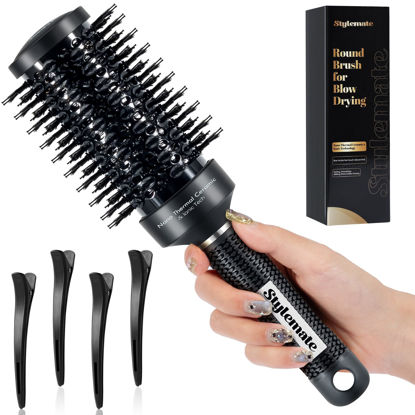 Picture of STYLEMATE Round Brush, Nano Thermal Ceramic & Ionic Tech Round Barrel Hair Brush with Boar Bristles, Roller Brush for Blow Drying, 4 Free Clips (Black, 2.4 Inch, Barrel 1.3 inch, 32mm)