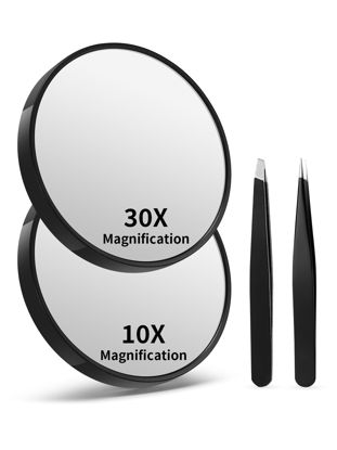 Picture of Macaki 10X&30X Magnifying Mirrors with Suction Cups and 2 Tweezers Set，3.5 inches Magnified Makeup Mirror, Black, 2PCS